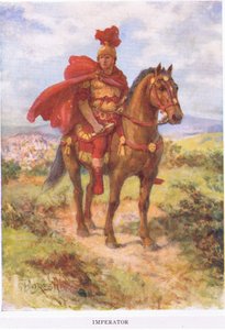 Imperator: oorspronkelijk, zoals hier, werd de zegevierende Romeinse generaal door zijn soldaten in het veld begroet. Later was de titel alleen voorbehouden aan keizers, illustratie uit De Romeinse Soldaat, 1928 door Amedee Forestier