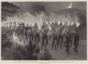 Onze keizerlijke gasten, aankomst van de tsaar en tsarina in Balmoral, begeleid door Highlanders met fakkels door Amedee Forestier