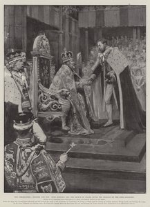 De kroning, vader en zoon, koning Edward en de prins van Wales na de hulde van de erfgenaam door Amedee Forestier