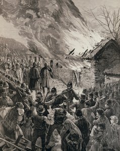 De Huur Oorlog in Ierland: Het verbranden van de huizen van uitgezette huurders in Glenbeigh, County Derry, uit 