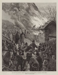 De huurstrijd in Ierland, het verbranden van de huizen van uitgezette huurders in Glenbeigh, County Kerry door Amedee Forestier