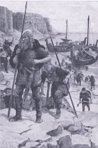 De Vikingen ontdekken Amerika, uit Mijn Tijdschrift, uitgegeven 1922 (litho) door Amedee Forestier
