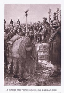 De keizer ontvangt de onderwerping van barbaarse stamhoofden, illustratie uit De Romeinse Soldaat, 1928