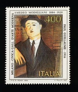 Postzegel uit de Italiaanse kunstserie ter ere van Amedeo Modigliani (1884-1920), met afbeelding van Portret van Paul Guillaume (1916), 400-lire zegel
