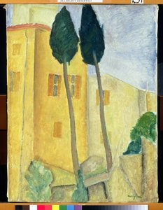 Cipressen en huis, 1919 door Amedeo Modigliani