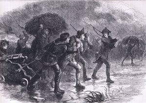 Nachtelijke manoeuvres van de Amerikanen in Boston, illustratie uit Cassells Geschiedenis van de Verenigde Staten gepubliceerd door Cassell, Petter & Galpin, ca. 1900 (litho)