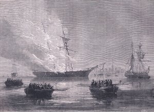 De verbranding van Gaspee, illustratie uit Cassells Geschiedenis van de Verenigde Staten uitgegeven door Cassell, Petter & Galpin, ca. 1900 (litho)