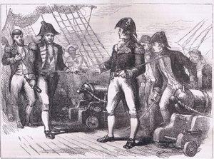 De officieren van de Chesapeake bieden hun zwaarden aan, illustratie uit Cassells Geschiedenis van de Verenigde Staten gepubliceerd door Cassell, Petter & Galpin, ca. 1900 door American English school
