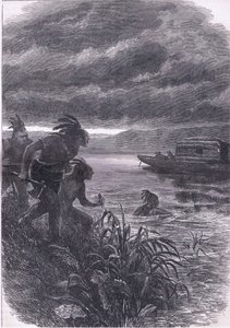 Handelaren op de Ohio aangevallen door wilden, illustratie uit Cassells Geschiedenis van de Verenigde Staten uitgegeven door Cassell, Petter & Galpin, ca. 1900 (litho)
