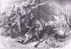 Verraad van de Cherokees 1760, illustratie uit Cassells Geschiedenis van de Verenigde Staten uitgegeven door Cassell, Petter & Galpin, ca. 1900 (litho)