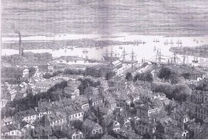 Uitzicht op Boston vanaf Bunkers Hill, illustratie uit Cassells Geschiedenis van de Verenigde Staten gepubliceerd door Cassell, Petter & Galpin, ca. 1900 (litho)