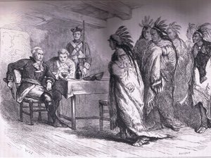 Bezoek van Pontiac en de Indianen aan Major Gladwin 1763, illustratie uit Cassells Geschiedenis van de Verenigde Staten uitgegeven door Cassell, Petter & Galpin, c.1900 door American English school
