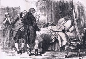 Washington op zijn sterfbed, illustratie uit Cassells Geschiedenis van de Verenigde Staten gepubliceerd door Cassell, Petter & Galpin, ca. 1900 (litho)