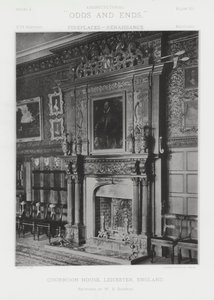 Open haard: Quorndon House, Leicester, Engeland (zwart-wit foto)