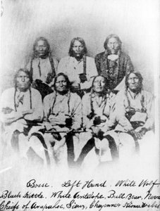 Bosse, Left Hand, White Wolf, Black Kettle, White Antelope, Bull Bear, Neva: Hoofden van de Arapahoe, Soiux, Cheyenne en Kiowa stammen, ca. 1860-68 door American Photographer
