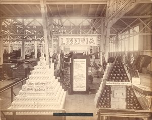 Liberia zeep- en koffiedisplay, Agricultural Hall, Philadelphia Centennial Exhibition, 1876 door American Photographer