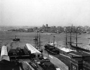 Panorama van de haven van New York, voor 1900