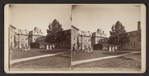 Stereoscopische weergaven van de Oneida Community, ca. 1870 (zwart-wit foto)