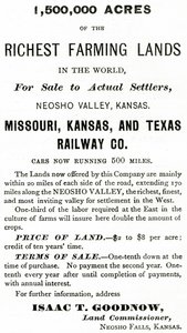 1.500.000 Acres van de Rijkste Landbouwgronden ter Wereld, in de Neosho Valley, Kansas, advertentie uit Appletons Journal, 4 mei 1872 door American School