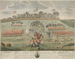 Een correct beeld van de slag bij de stad New Orleans, uitgegeven ca. 1815 (handgekleurde gravure) door American School