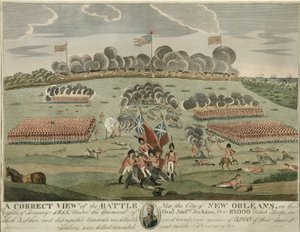Een correct beeld van de slag bij de stad New Orleans, pub. c.1815 (handgekleurde gravure) door American School