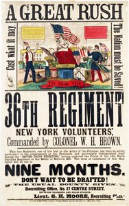 Een grote haast, wervingsposter voor het 36e Regiment, gepubliceerd door Baker & Goodwin