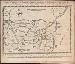 Een kaart van het land van de Vijf Naties, behorend tot de provincie New York; en van de meren nabij welke de naties van verre Indianen leven, met een deel van Canada, door Cadwallader Colden door American School