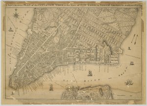 Een nieuwe en nauwkeurige plattegrond van de stad New York in de staat New York in Noord-Amerika, gepubliceerd in 1797, 1797 (zwarte en gekleurde inkt op papier, ondersteund met doek)