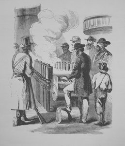 Een stoomaangedreven calliope, gebruikt op Amerikaanse stoomschepen, ca. 1870 (gravure) door American School