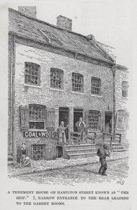 Een huurkazerne op Hamilton Street bekend als "Het Schip," 1, smalle ingang naar de achterzijde leidend naar de zolderkamers (litho)