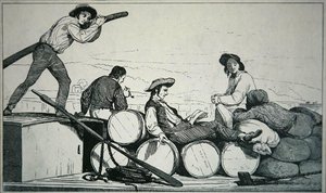 Een platbodem die vracht vervoert op de Mississippi-rivier, ca. 1840 door American School