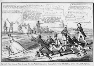 Een grote slavenjacht, of, Proef van snelheid voor het presidentschap, tussen de beroemde paarden Black Dan, Lewis Cass, en Haynau, uitgegeven door T.C., New York, c.1852