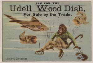Een vrolijk kerstfeest, handelskaart die Udell houten schalen adverteert door American School