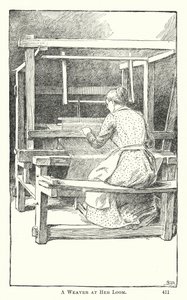 Een weefster aan haar weefgetouw (gravure) door American School