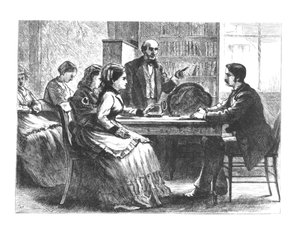 Een vrouw onderhandelt met een fabrieksmanager, bijgestaan door een adviseur van Susan B. Anthonys nieuwe Working Womens Protective Association, 1860s-70s