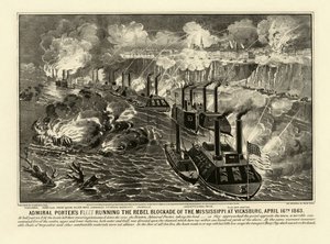 Vloot van admiraal Porter doorbreekt de rebellenblokkade van de Mississippi bij Vicksburg, 16 april 1863, uitgegeven 1863