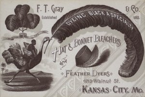 Advertentie voor F T Gray, hoed- en kapblekers en veer ververijen, Kansas City, Missouri, USA