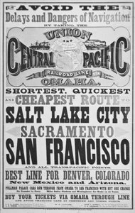 Advertentie voor Union en Central Pacific Railroad Line, ca. 1870