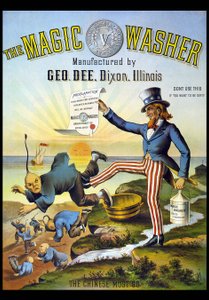 Reclame voor een schoonmaakproduct met Uncle Sam die een Chinees jaagt door American School