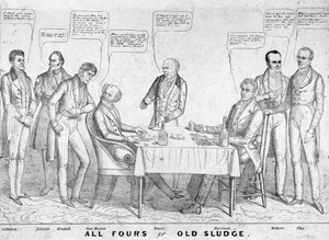 All Fours of Old Sludge, politieke cartoon die president Martin Van Buren (1782-1862) afbeeldt die kaarten speelt tegen William Henry Harrison (1773-1841) te midden van andere staatslieden en politici, 1836