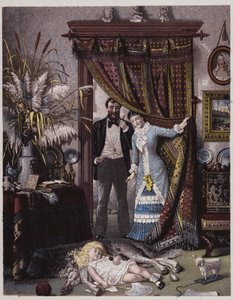 Amerikaans koppel kijkt naar hun dochter die op de hond slaapt (kleurenlitho) door American School