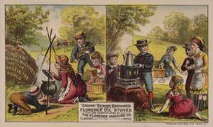 Amerikaanse handelskaart die naaimachines en oliekachels adverteert, vervaardigd door de Florence Machine Company, Massachusetts, ca. 1880s