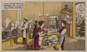 Amerikaanse handelskaart die naaimachines en oliekachels adverteert, vervaardigd door de Florence Machine Company, Massachusetts, ca. 1880s door American School