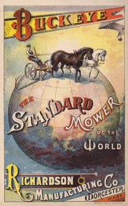 Amerikaanse handelskaart die de Buckeye paardgetrokken maaier van de Richardson Manufacturing Company adverteert, ca. 1880s