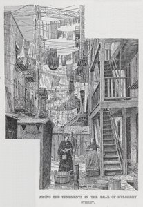 Onder de huurkazernes achter Mulberry Street (litho) door American School