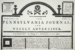 Een Amerikaanse reactie op de door de Britten opgelegde Stamp Act, gepubliceerd in The Pennsylvania Journal and Weekly Advertiser op 31 oktober 1765 door American School