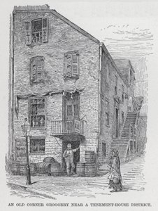 Een oude hoekkroeg nabij een woonwijk (litho) door American School