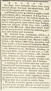 Artikel uit de Boston Chronicle met details over het Boston Bloedbad, 5 maart 1770 (krantenartikel)