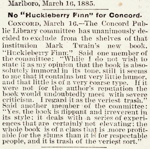 Artikel in de Boston Daily Globe over het verbod op Huckleberry Finn in Concord, Massachusetts, van 16 maart 1885 (krantenartikel) door American School