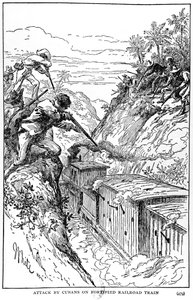 Aanval door Cubanen op versterkte trein, illustratie uit The Story of Cuba door Murat Halstead, gepubliceerd 1898 door American School